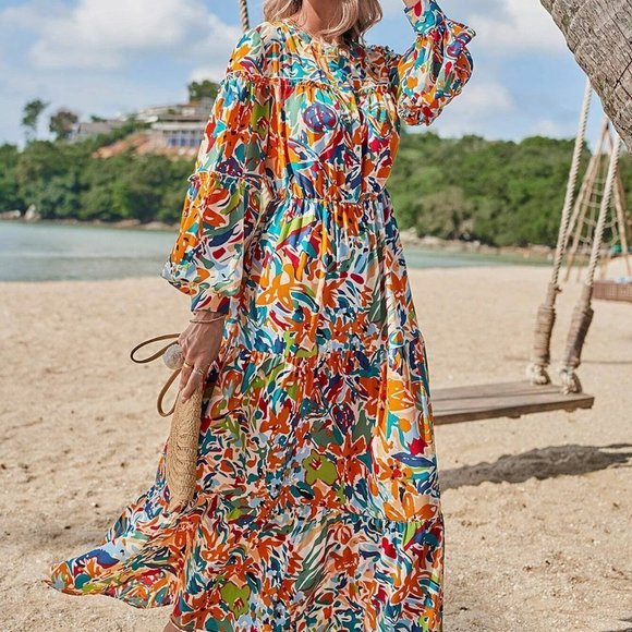 Multicolor Boho Womens Floral Print Lantern Sleeve Dress - Picture 3 of 5